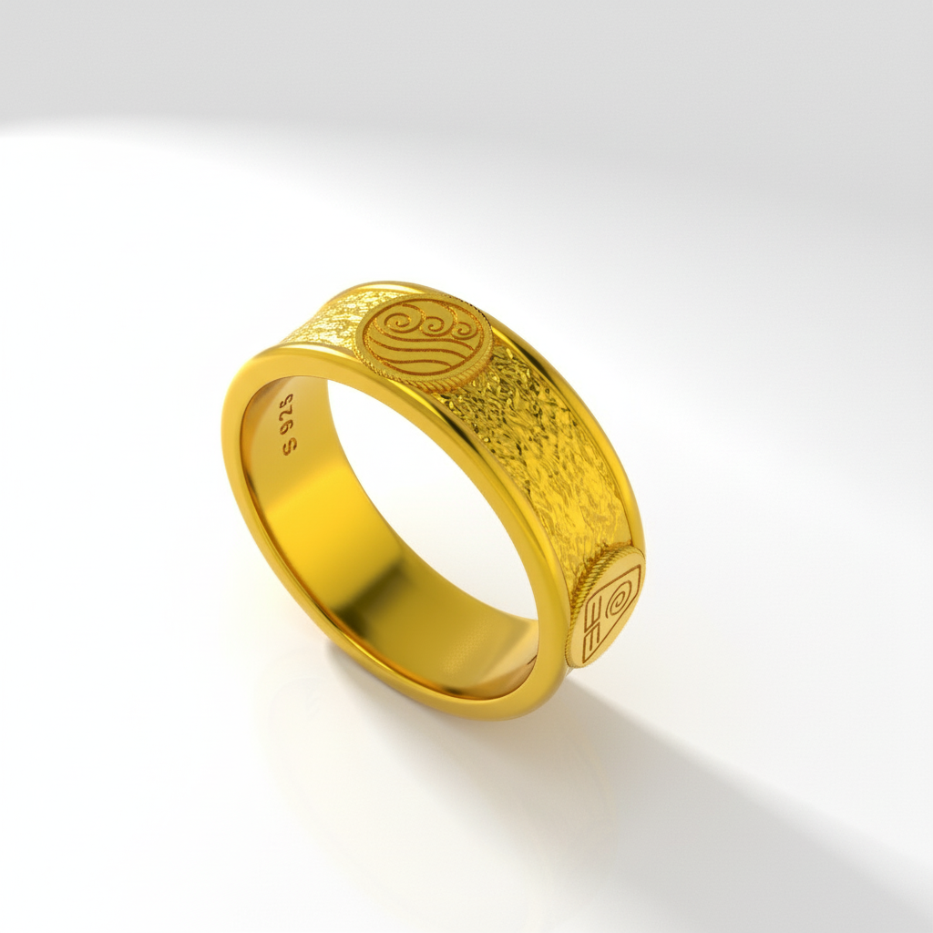Four Nations Ring showcasing a detailed golden band inspired by Avatar's elemental balance.