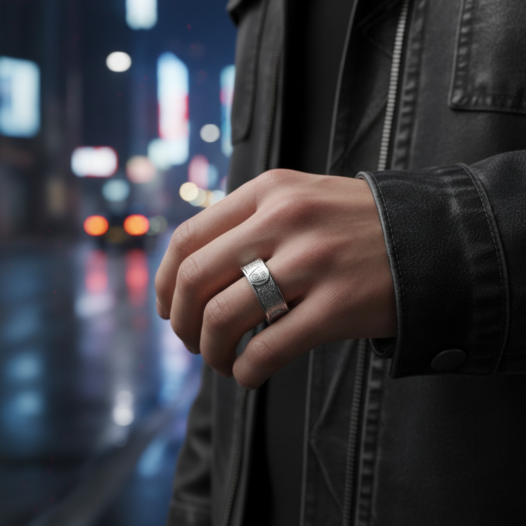 Four Nations Ring worn on a hand in a stylish leather jacket, showcasing its intricate design and quality craftsmanship.