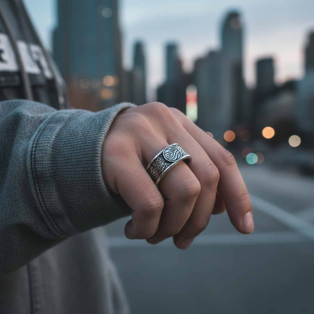 Four Nations Ring worn on a hand, showcasing its design in a city background with blurred lights.