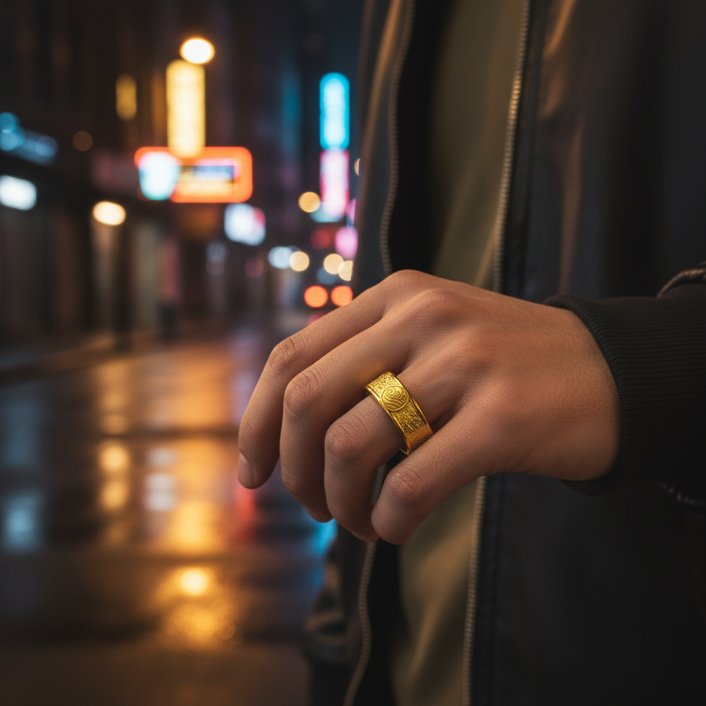 Person wearing a Four Nations Ring in gold, showcasing its design in a vibrant city setting at night.