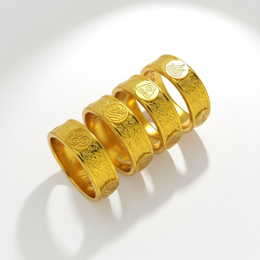 Four Nations Ring featuring gold bands with elemental designs from Avatar series.