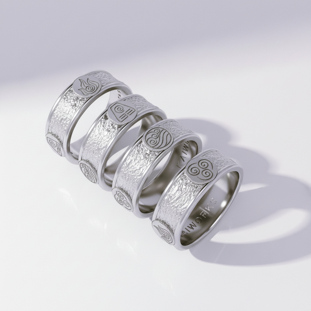 Four Nations Ring – A set of five elemental rings inspired by Avatar, featuring detailed symbols on sterling silver.