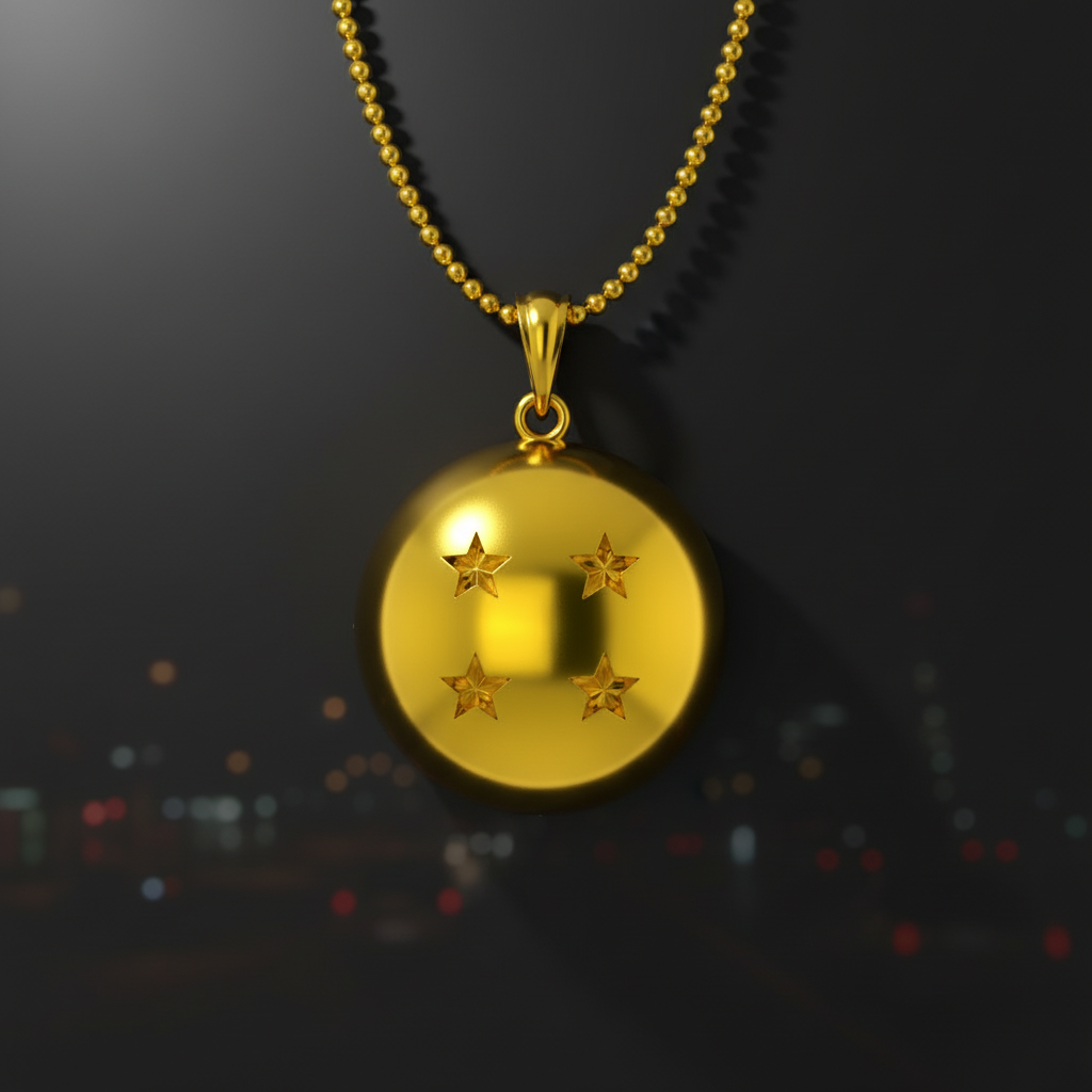 Gold pendant necklace with star design on a blurred cityscape background