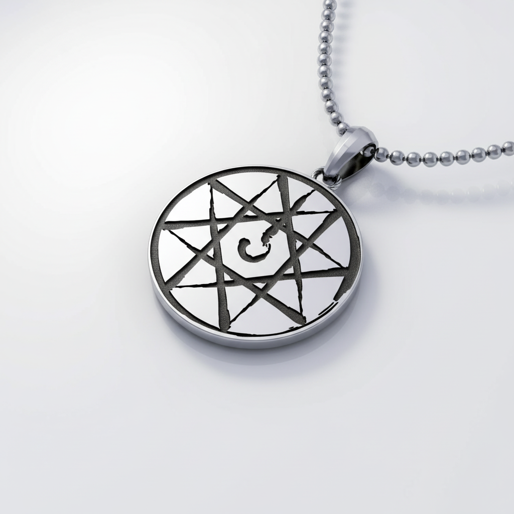Silver necklace with a circular pendant featuring a star design on a white background