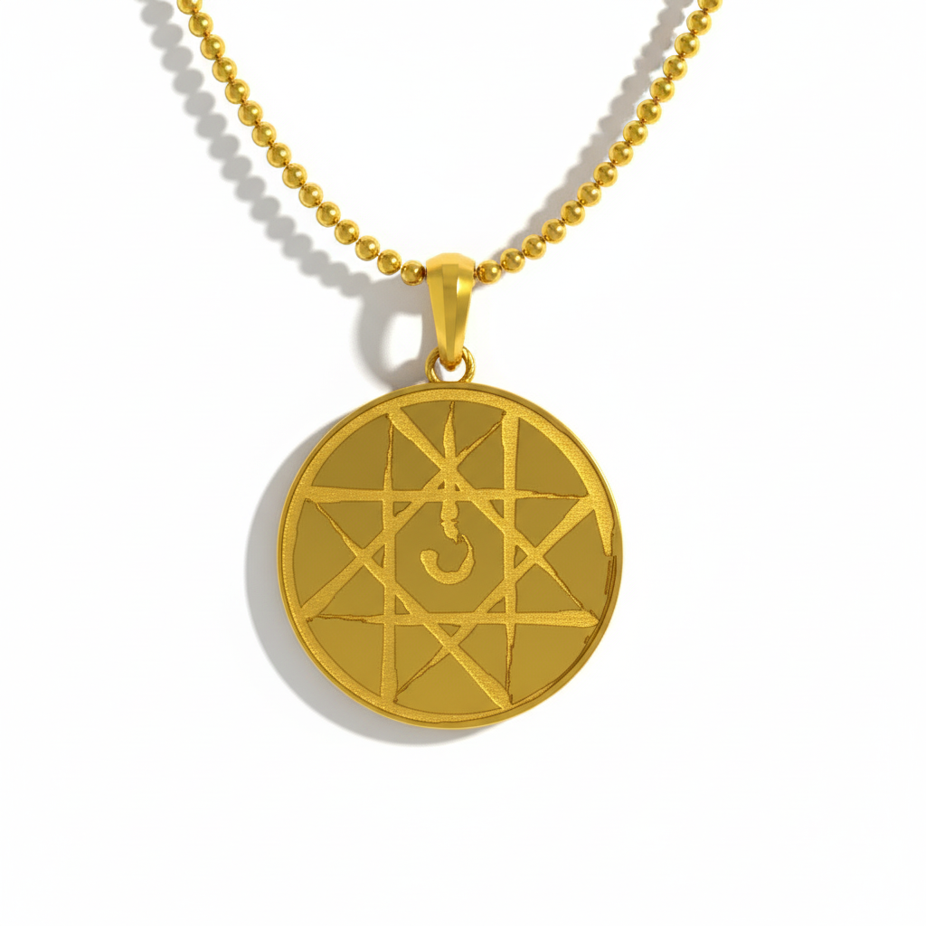 A silver pendant with a circular design featuring a stylized alchemical seal, displayed against a dark background with a red emblem.