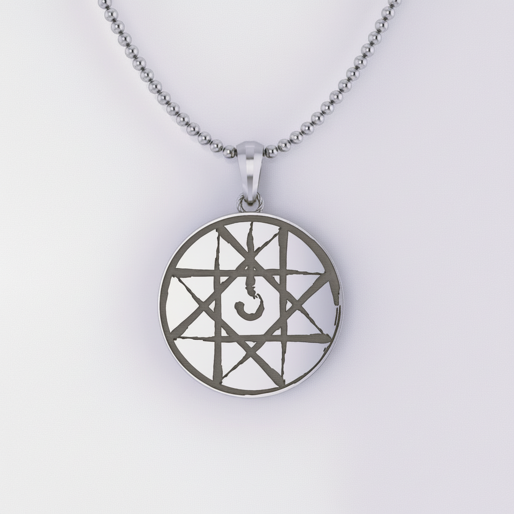 A silver pendant with a circular design featuring a stylized alchemical seal, displayed against a dark background with a red emblem.