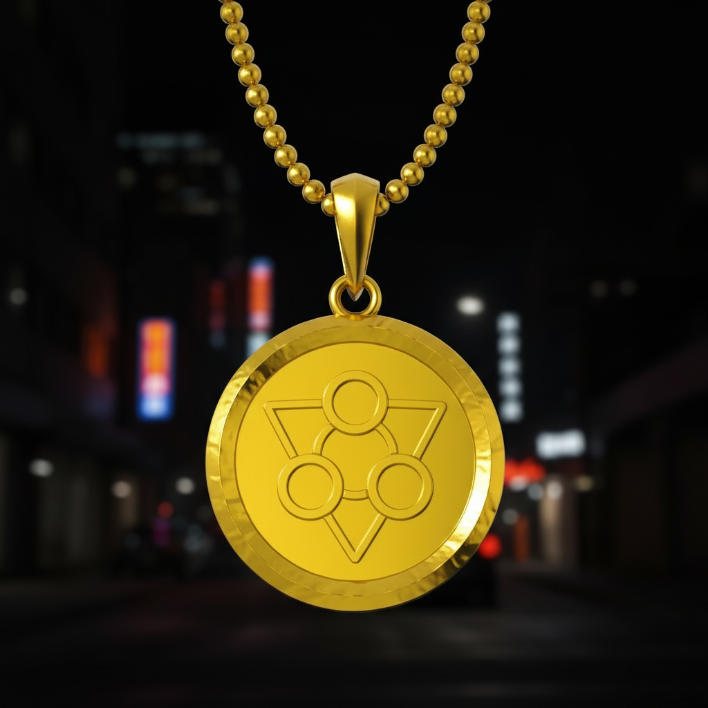 Gold pendant with a symbol on a blurred city street background
