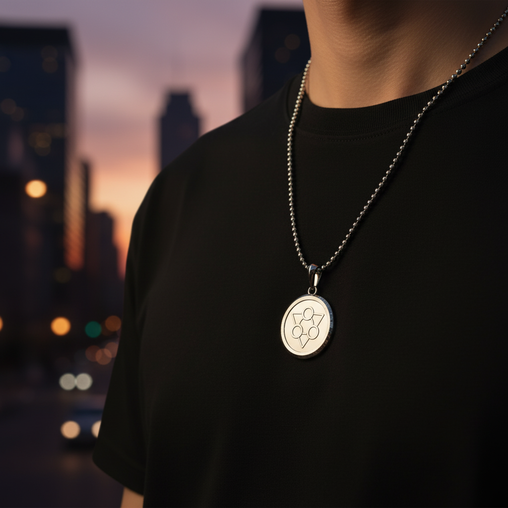 Person wearing a necklace with a pendant against a cityscape background