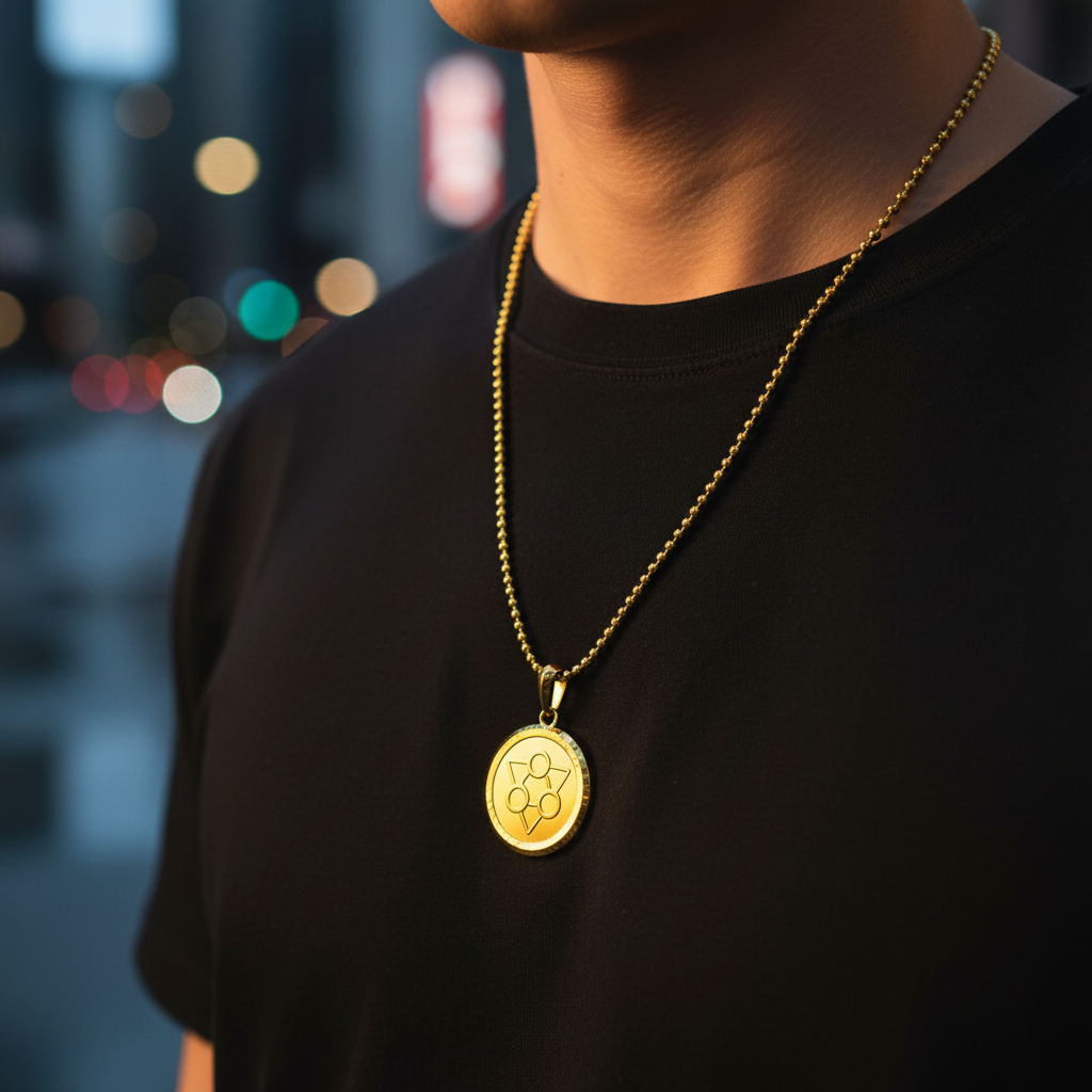 Person wearing a gold necklace with a pendant against a blurred cityscape background