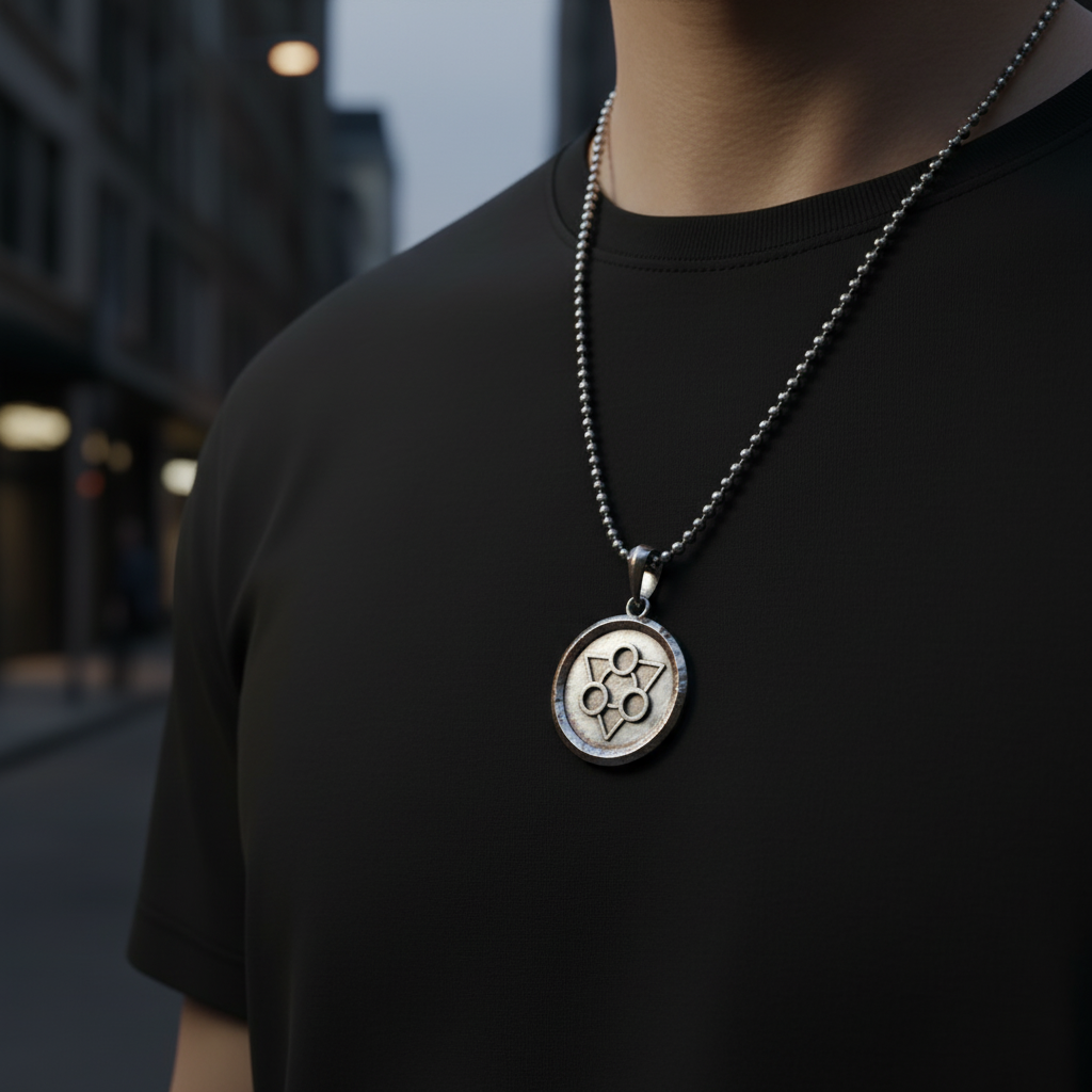 Person wearing a black t-shirt with a silver necklace featuring a pendant.