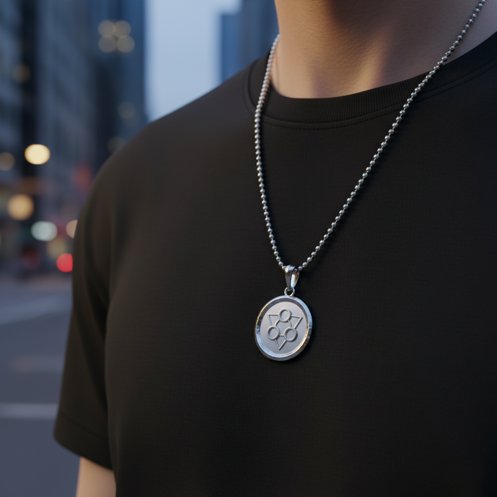 Person wearing a black t-shirt with a silver necklace featuring a round pendant.
