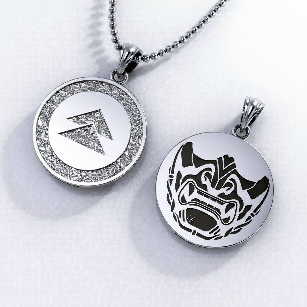 Two silver pendants with engraved designs on a white background