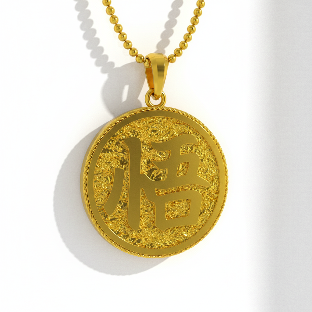 A 14K gold pendant with a textured background and a raised symbol in the center, attached to a gold chain against a wooden background.