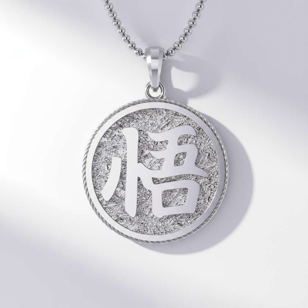 A 14K gold pendant with a textured background and a raised symbol in the center, attached to a gold chain against a wooden background.