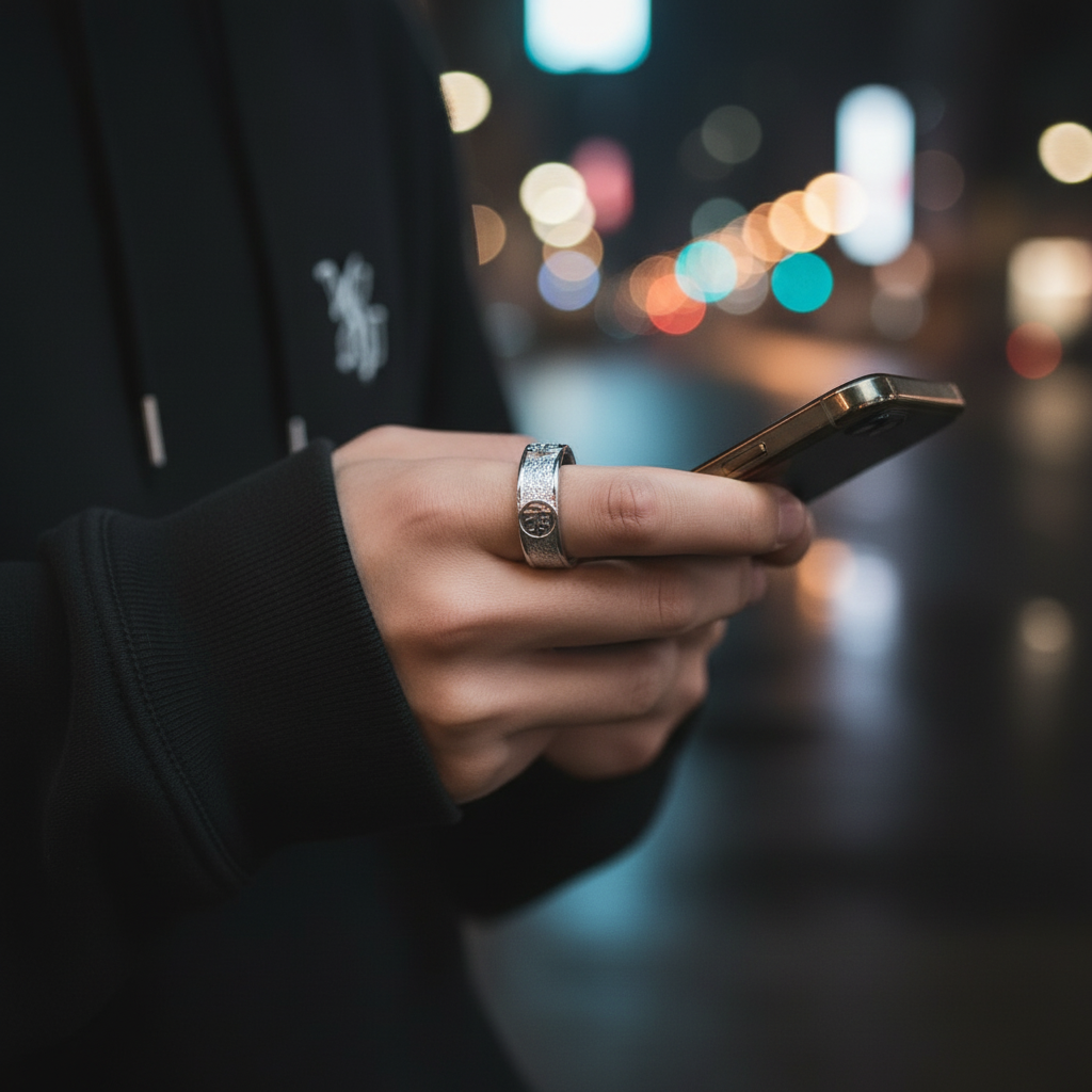 Person holding a smartphone with a blurred city street background