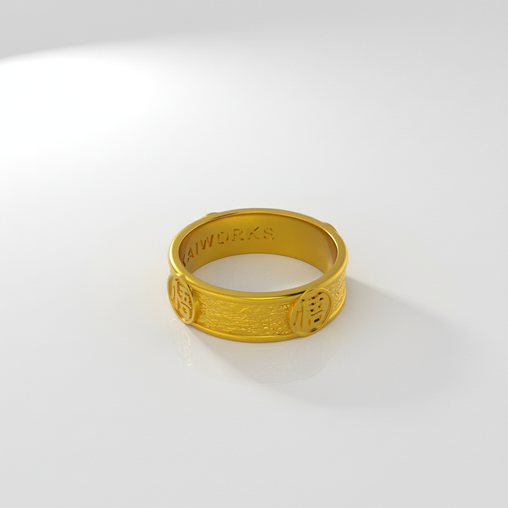 A silver ring with engraved Kanji characters on its surface, displayed against a colorful textured background resembling a natural scene.