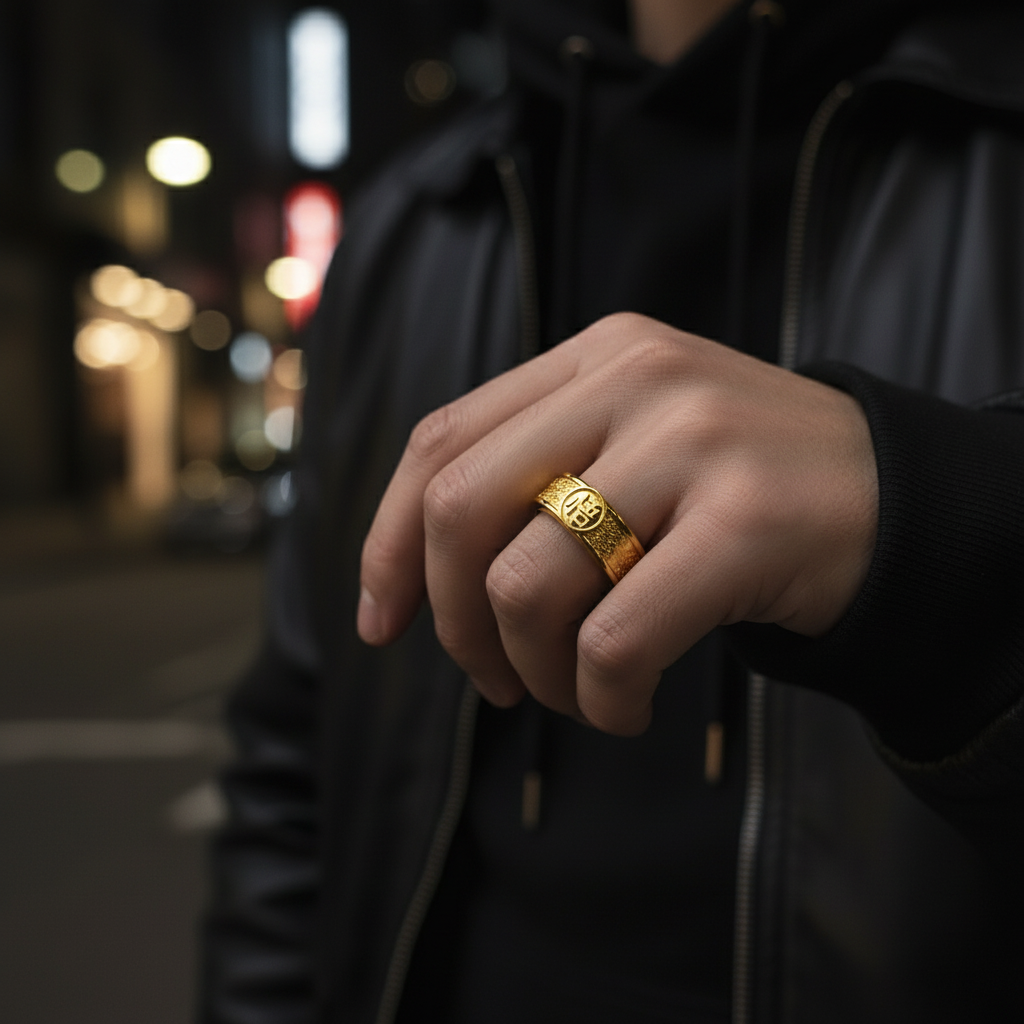 Close-up of a hand wearing a gold ring with a blurred city street background