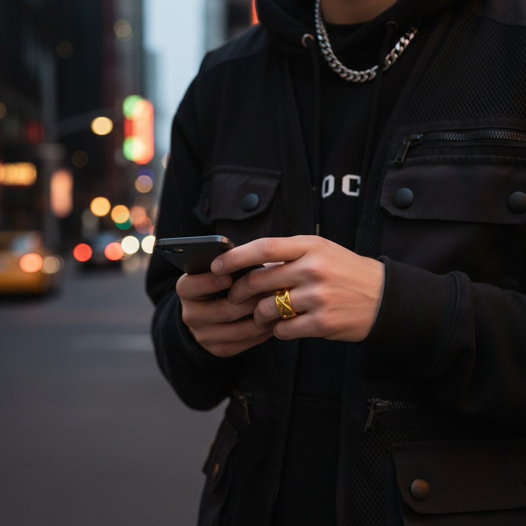Time Ring Anime-Inspired worn by a person holding a smartphone in a cityscape setting.