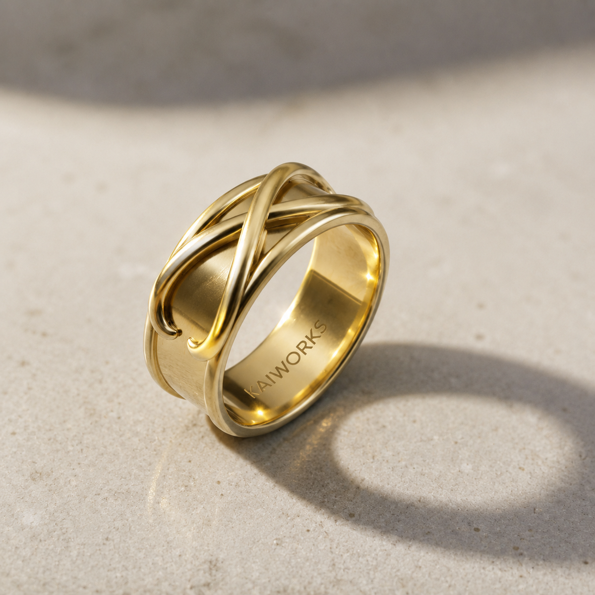 Time Ring Anime-Inspired in shiny gold with intricate twisted design, showcasing unique craftsmanship and style.