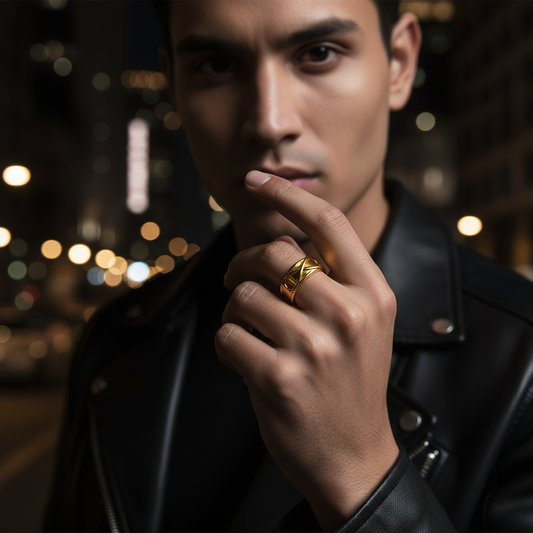 Gold ring on a dark textured surface