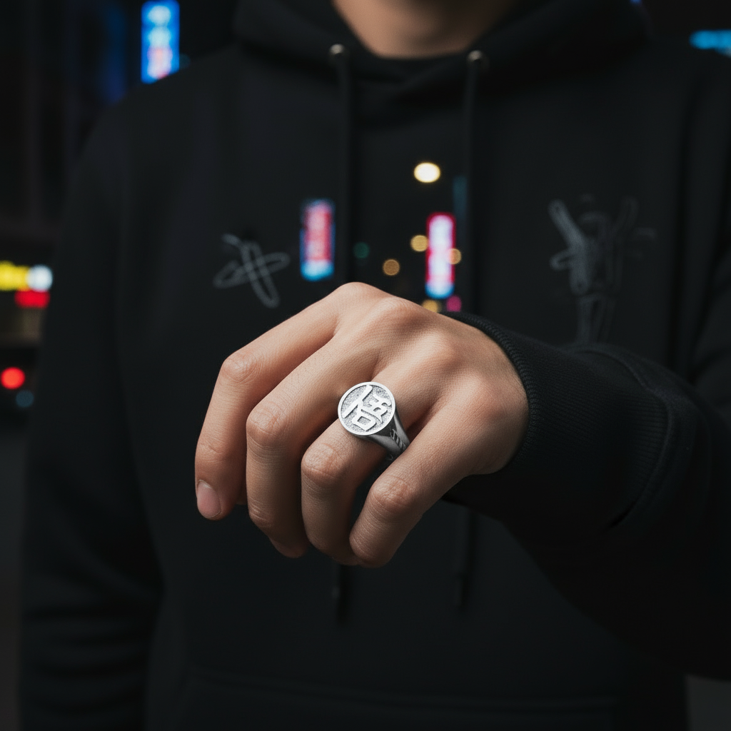 Person wearing a black hoodie with a blurred cityscape background