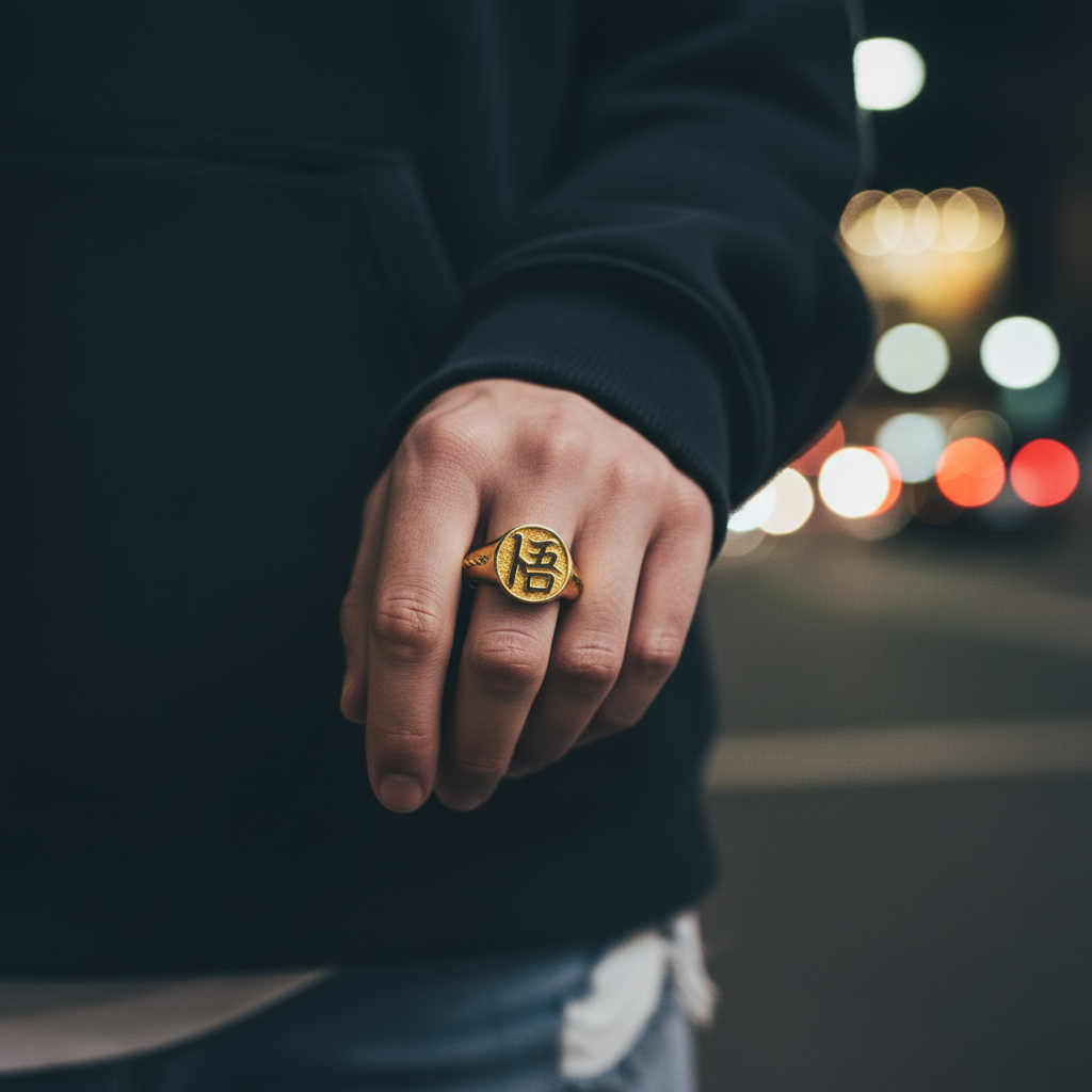 Hand wearing a gold ring with blurred lights in the background