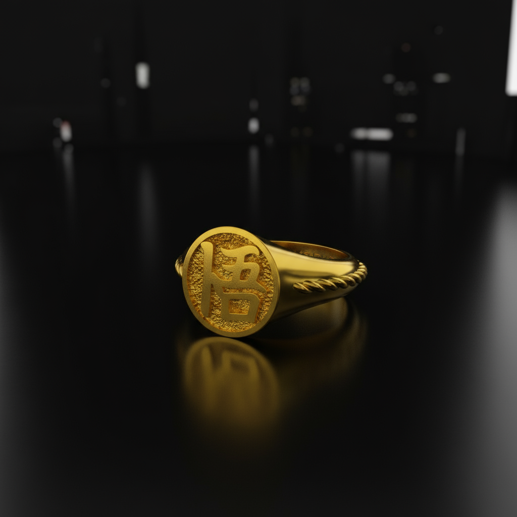 Gold ring with embossed design on a reflective black surface