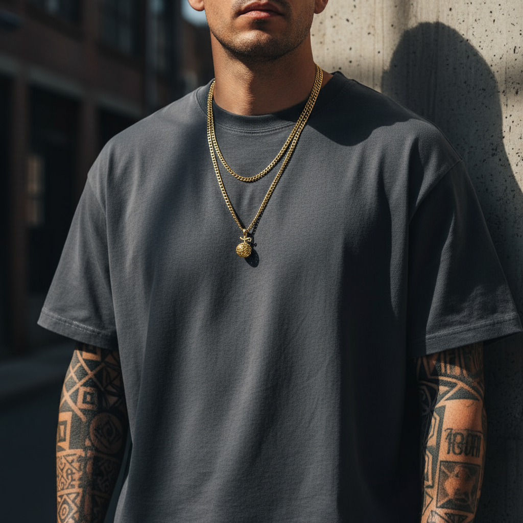 Man wearing a Gomu Gomu Pendant in 14K Gold with layered chains and a grey t-shirt.