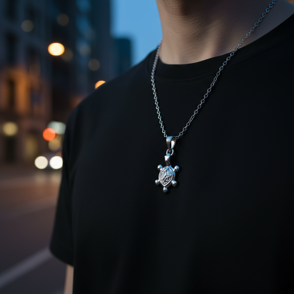 Person wearing a turtle pendant necklace with a blurred city street background