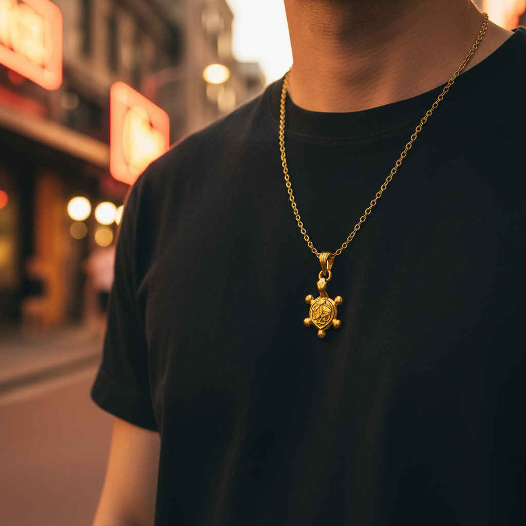 Person wearing a gold necklace with a turtle pendant against a blurred city street background