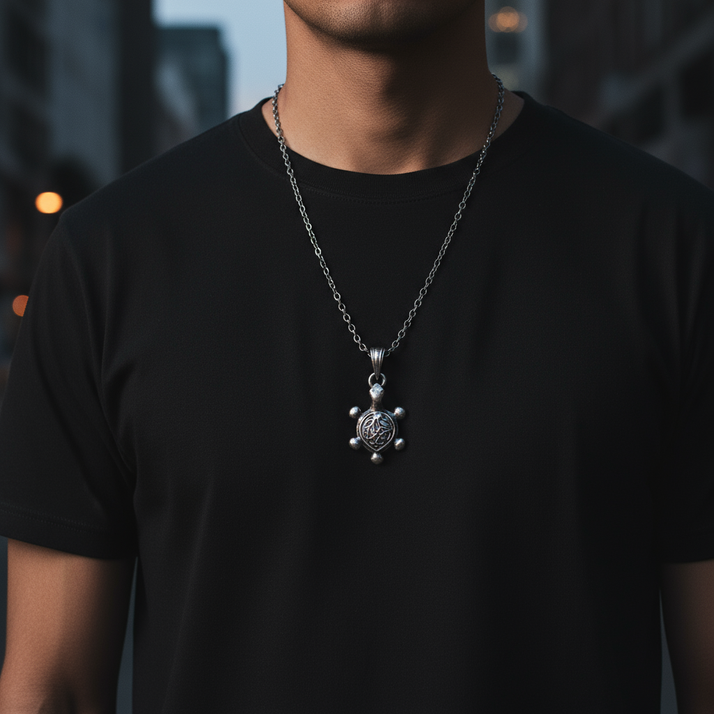 Person wearing a black t-shirt with a silver necklace featuring a pendant.