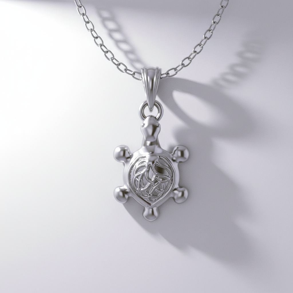 A silver pendant with a turtle design, featuring 18K gold vermeil detailing, set against a fantasy-inspired background with a darkened recessed texture.