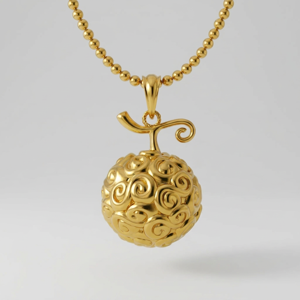 Gomu Gomu Pendant in 14K Gold featuring ornate design and ball shape, hanging on a beaded chain.