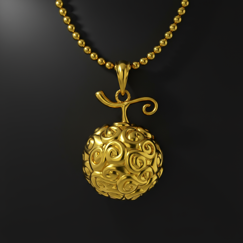 Gomu Gomu Pendant in 14K Gold featuring intricate detailing and a sophisticated design on a necklace.