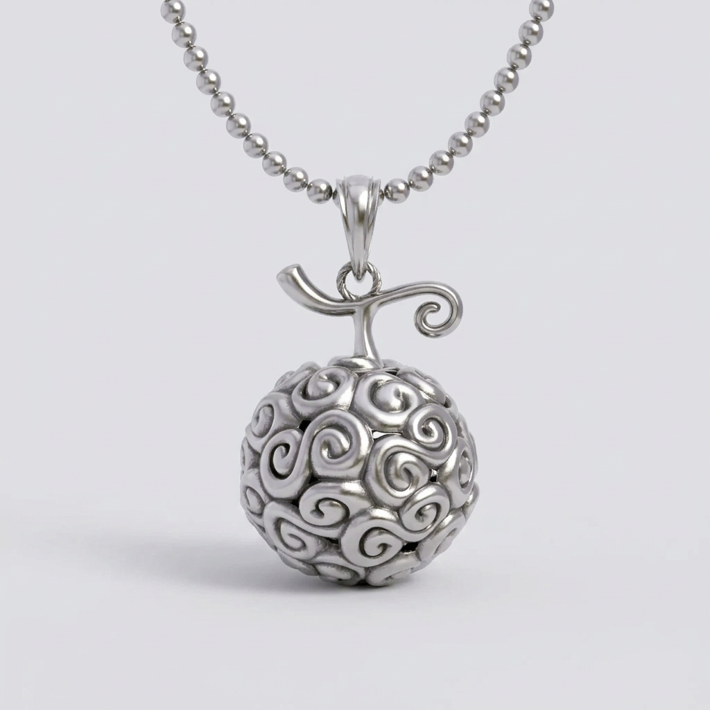 Gomu Gomu Pendant in 14K Gold featuring exquisite scrollwork design on a silver necklace.