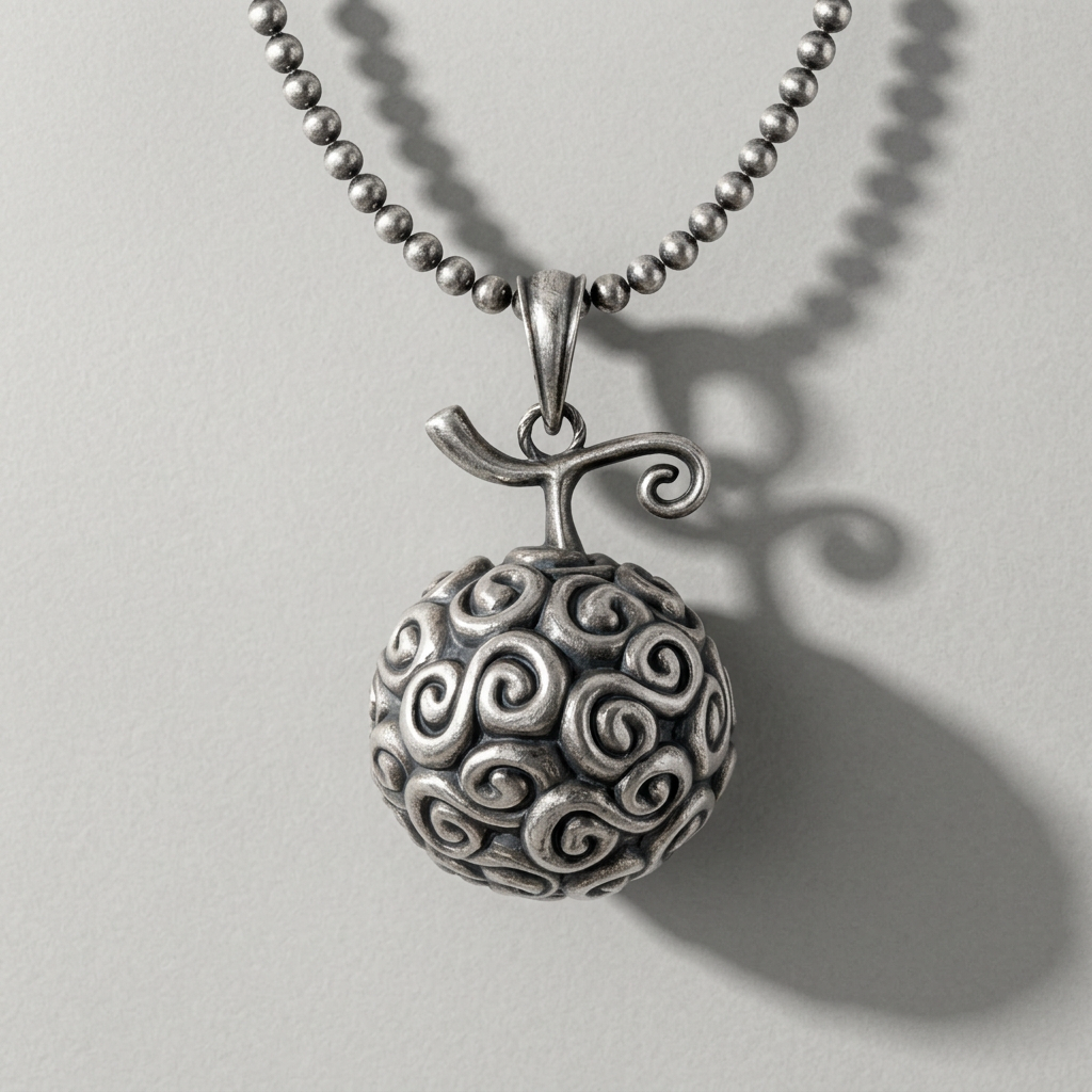 Silver necklace with a decorative pendant on a white background