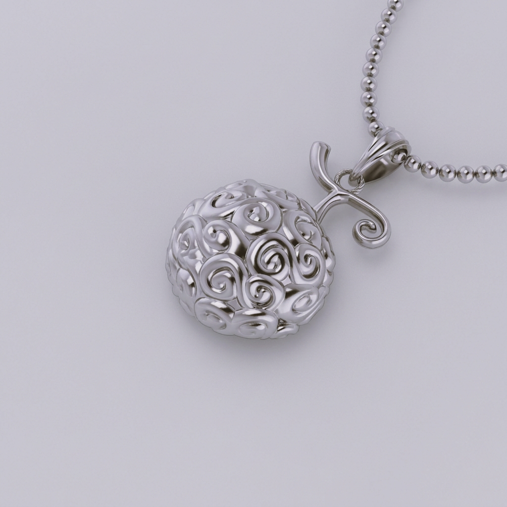 Gomu Gomu Pendant in 14K Gold featuring intricate scrollwork on a round design with a delicate chain.