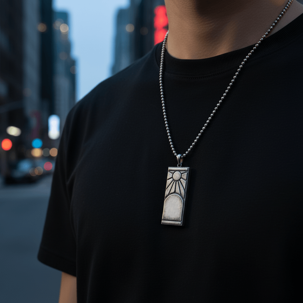 Person wearing a black shirt with a silver pendant necklace against a cityscape background