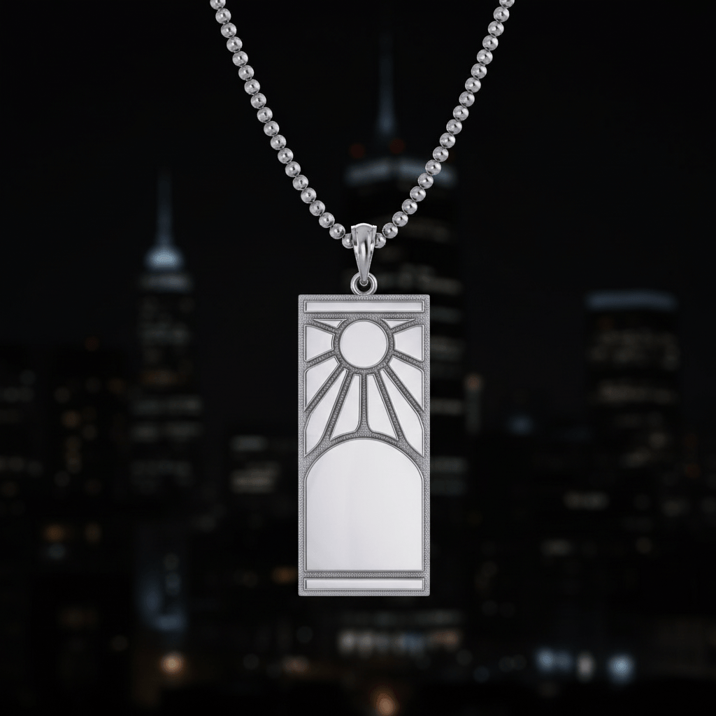 Silver pendant necklace with a cityscape in the background