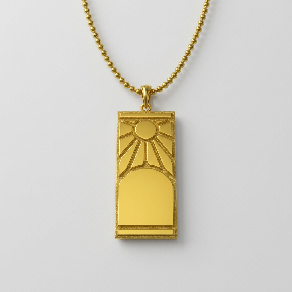 Gold pendant with sun design on a white background