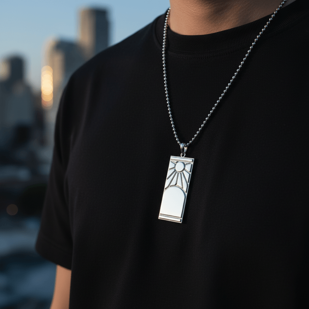 Person wearing a black t-shirt with a silver necklace featuring a rectangular pendant against a blurred cityscape background.