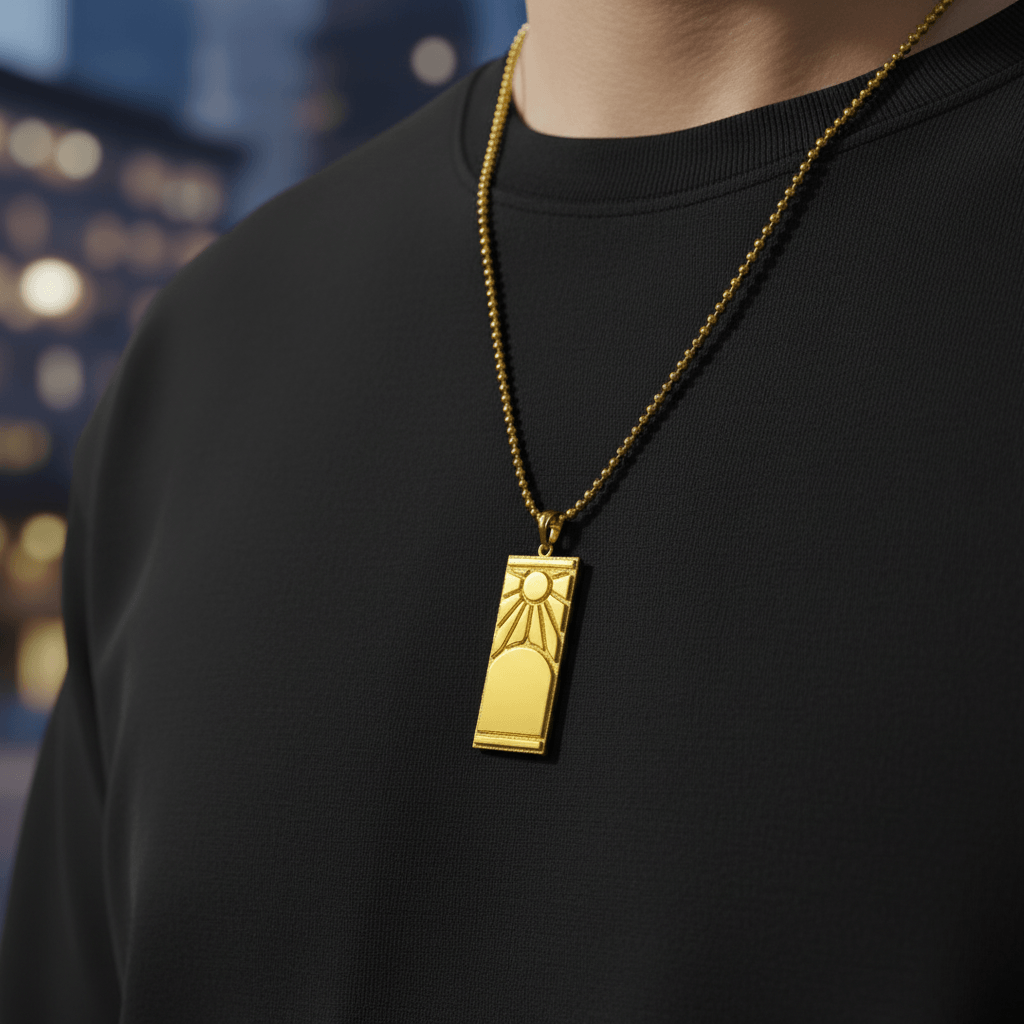 Gold pendant necklace on a black shirt with a blurred cityscape background