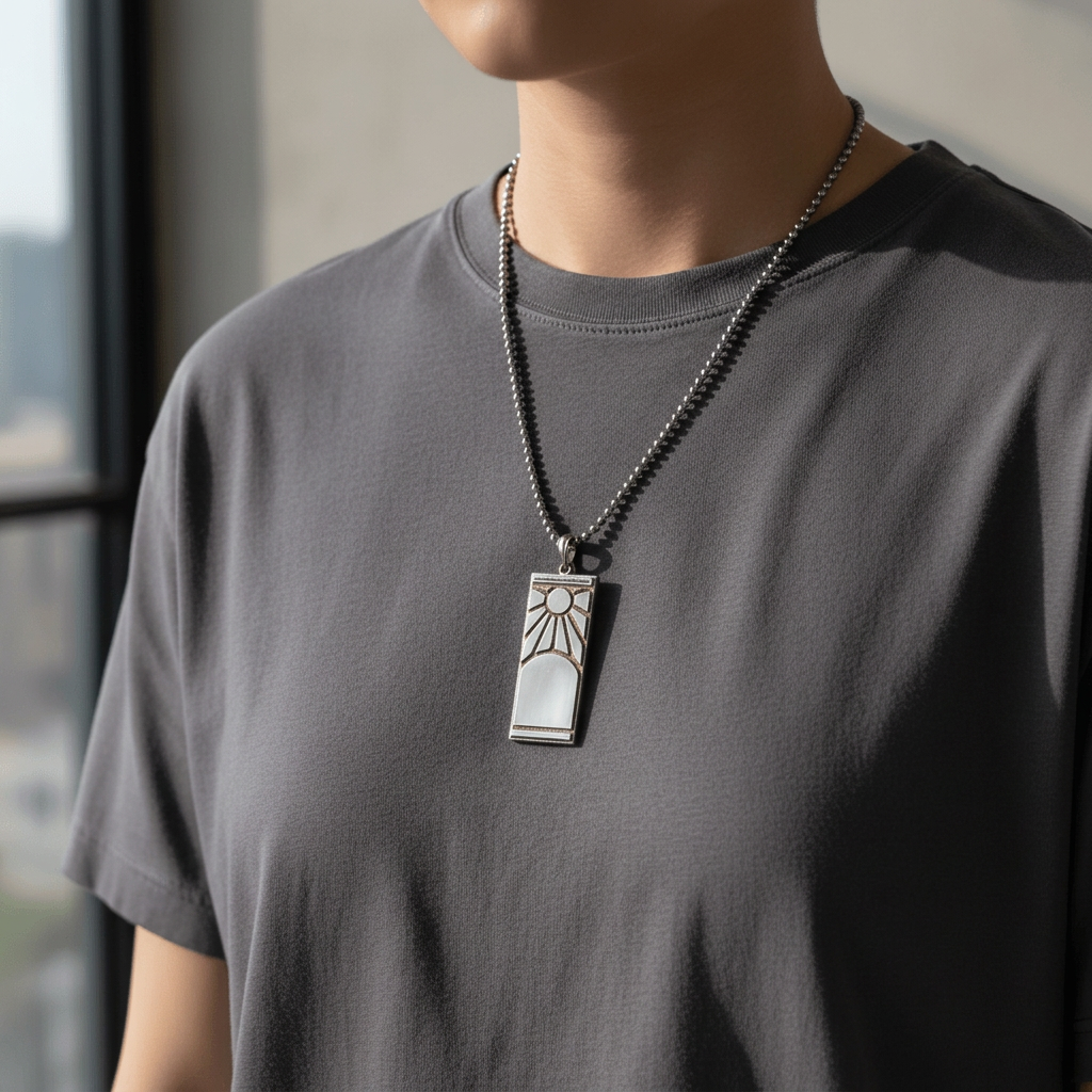Person wearing a necklace with a pendant on a plain background