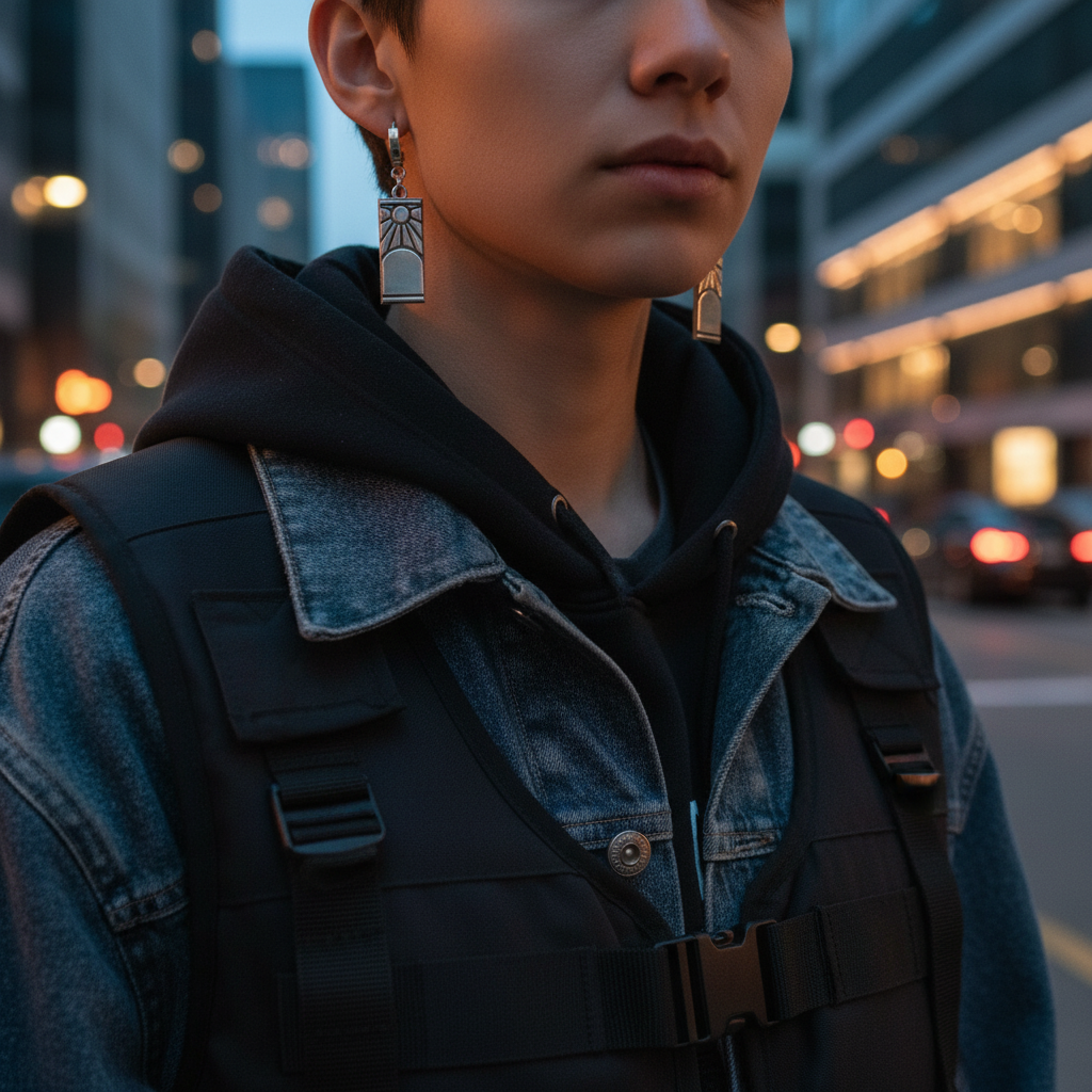 Person wearing a denim jacket with a blurred city street background