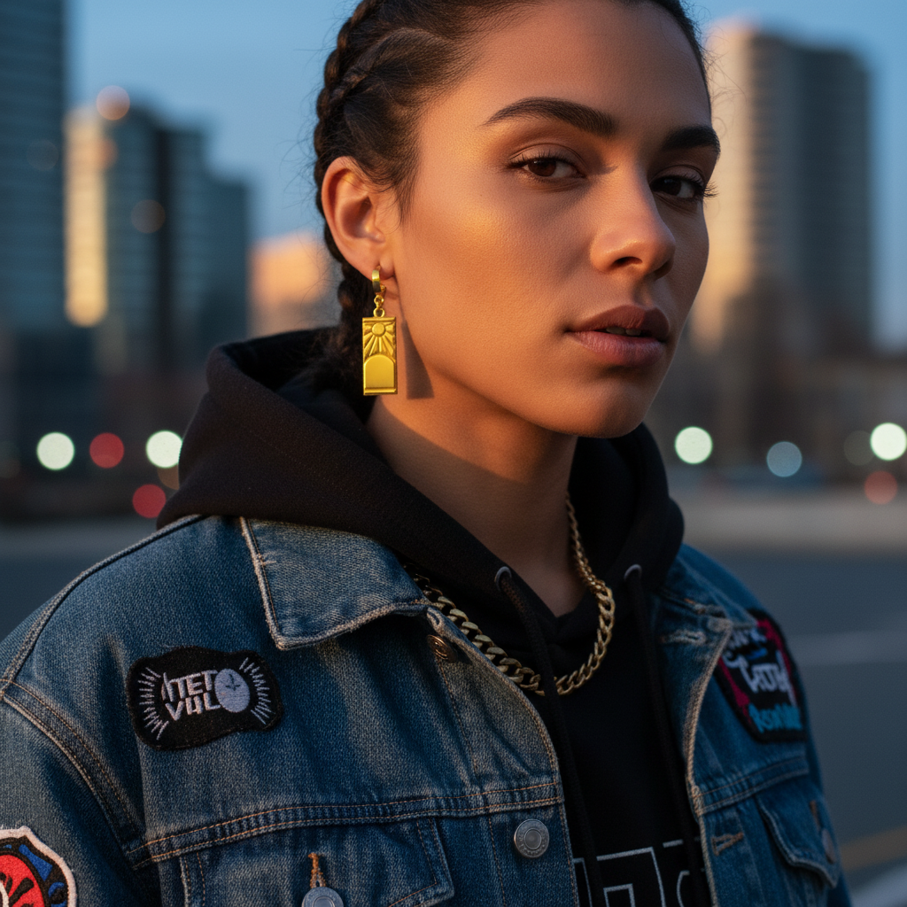 Woman wearing a denim jacket with patches and gold chain necklace, cityscape background