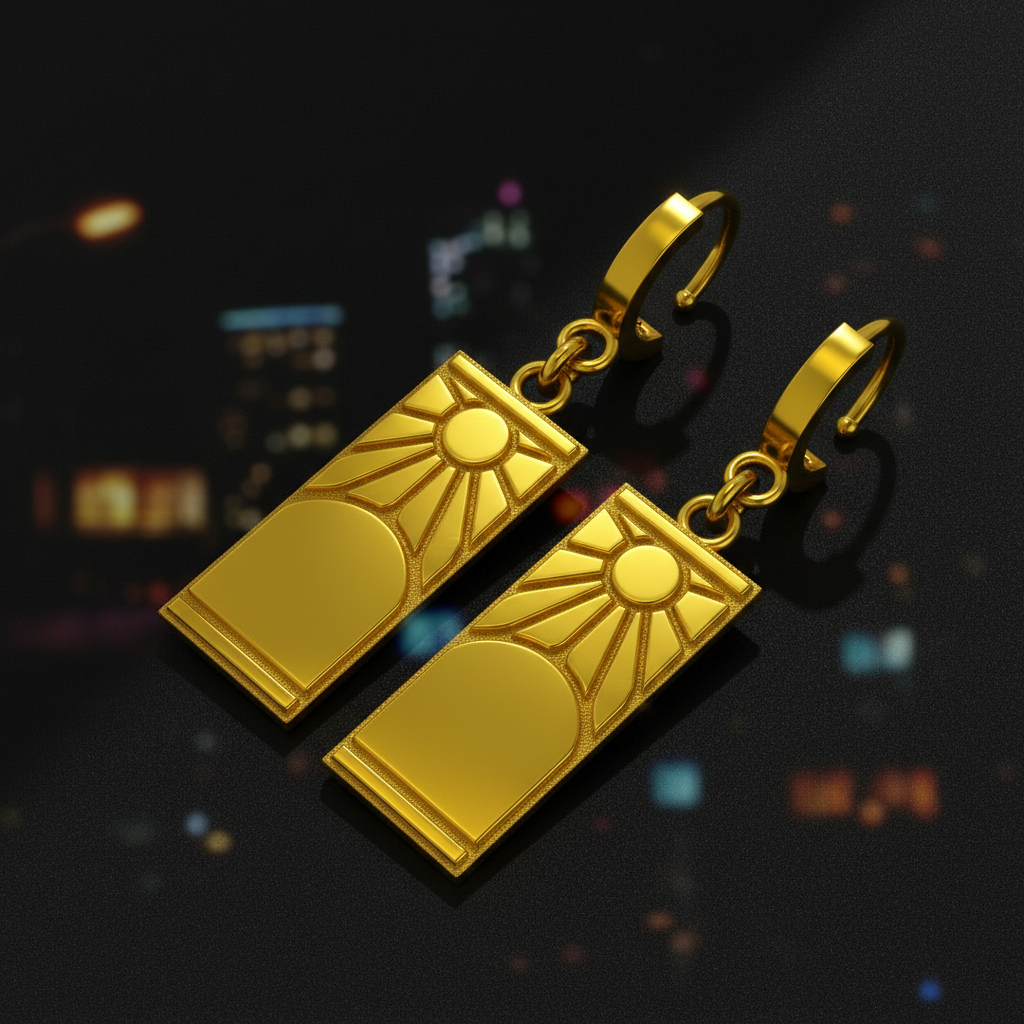 Gold earrings with sun design on a dark background