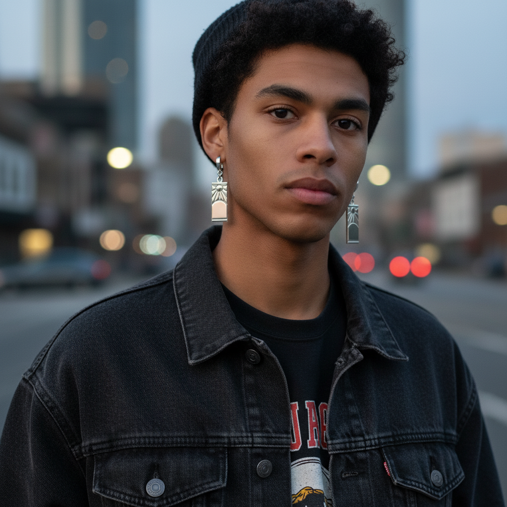 Person wearing a black denim jacket and black shirt with a blurred city street background