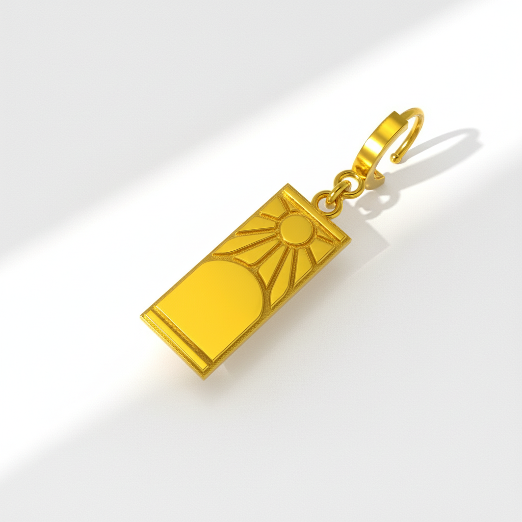 A pair of 14K gold Hanafuda earrings featuring a sun motif, placed on a wooden surface with leaves in the background.