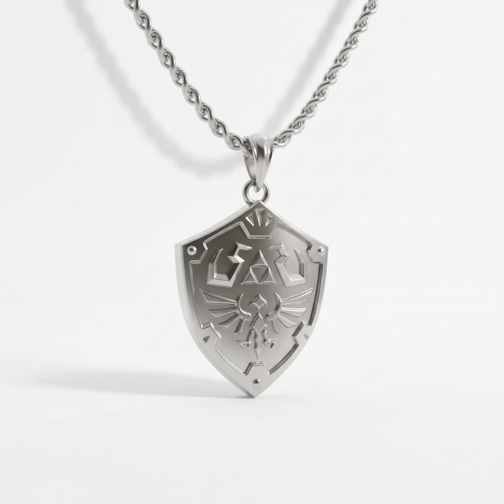 A 14K gold pendant designed to resemble a legendary shield from a popular video game, displayed against a wooden background.