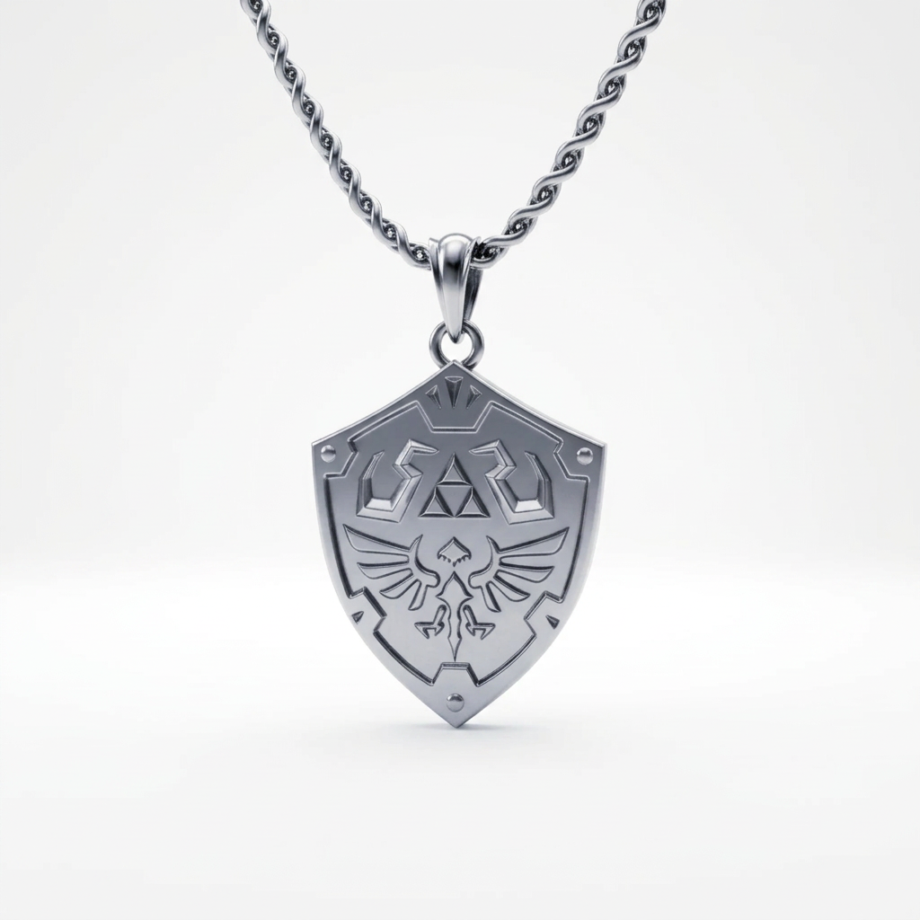 A silver pendant with a shield design, featuring a logo reminiscent of a well-known video game series, displayed against an illustrated background suggesting an adventure theme.